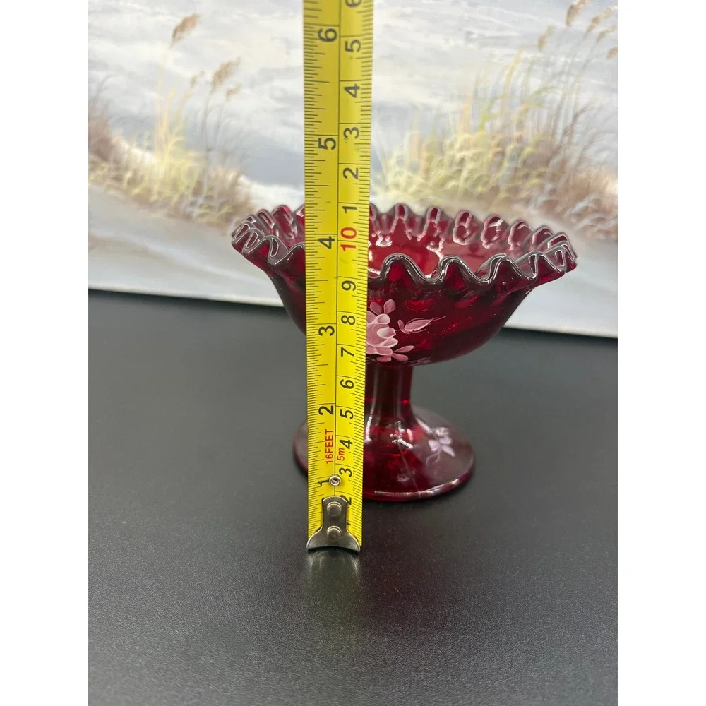 Fenton Ruby Red Glass Pedestal Candy Dish Hand Painted Floral Ruffled Rim Kim L